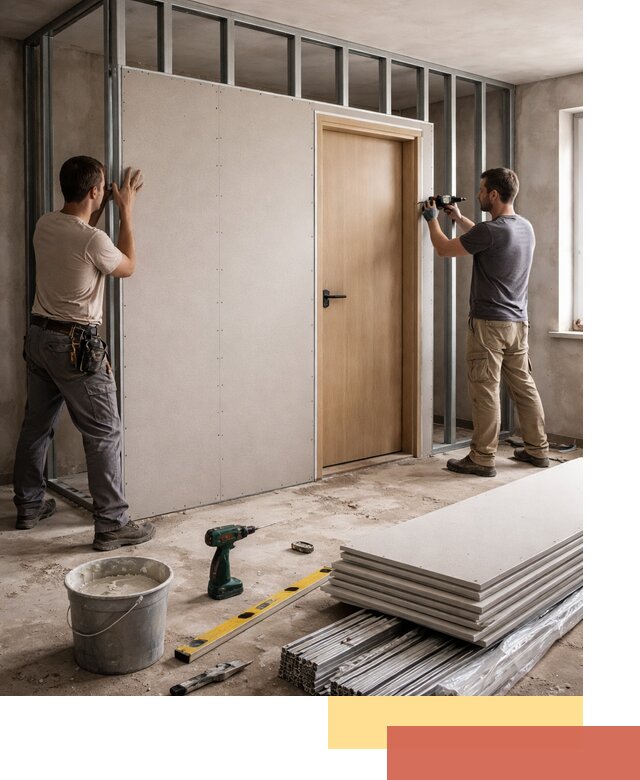 Перегородка из гипсокартона с дверью под ключ в Сатке