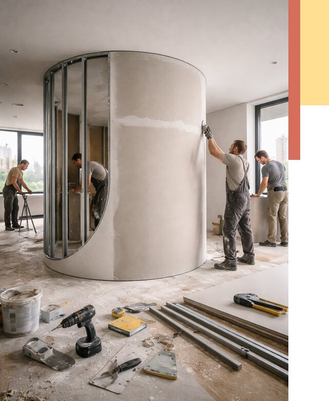 Радиусная перегородка из гипсокартона в Сатке от 3000 руб. под ключ | ОТДЕЛОЧНИК-Стк