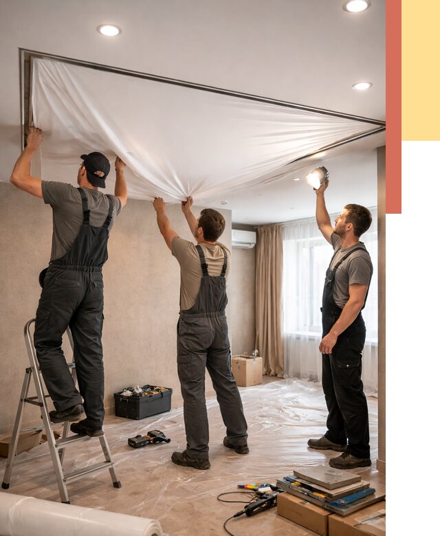 Монтаж ПВХ натяжного потолка в Сатке от 3620 руб. под ключ | ОТДЕЛОЧНИК-Стк