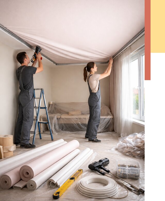 Монтаж цветного натяжного потолка в Сатке от 4344 руб/м² — быстро и недорого | ОТДЕЛОЧНИК-Стк