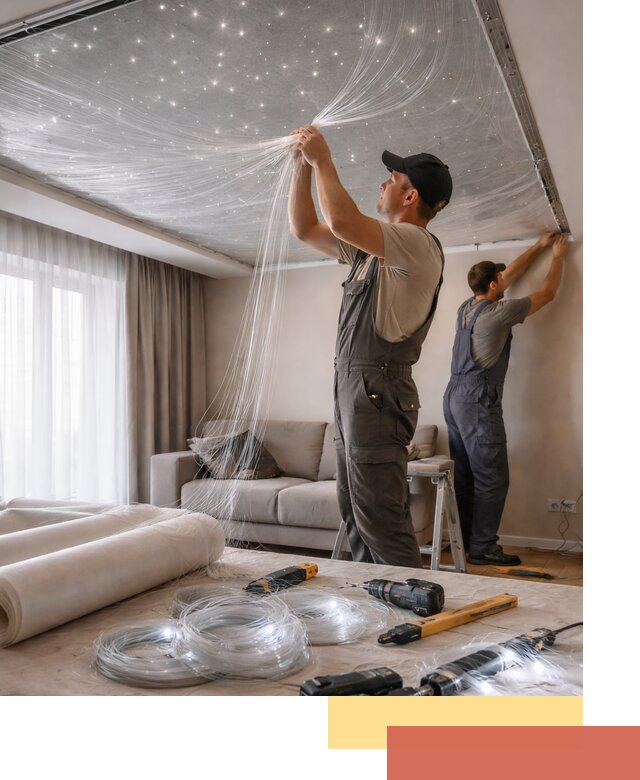 Монтаж натяжного потолка «Звездное небо» в Сатке