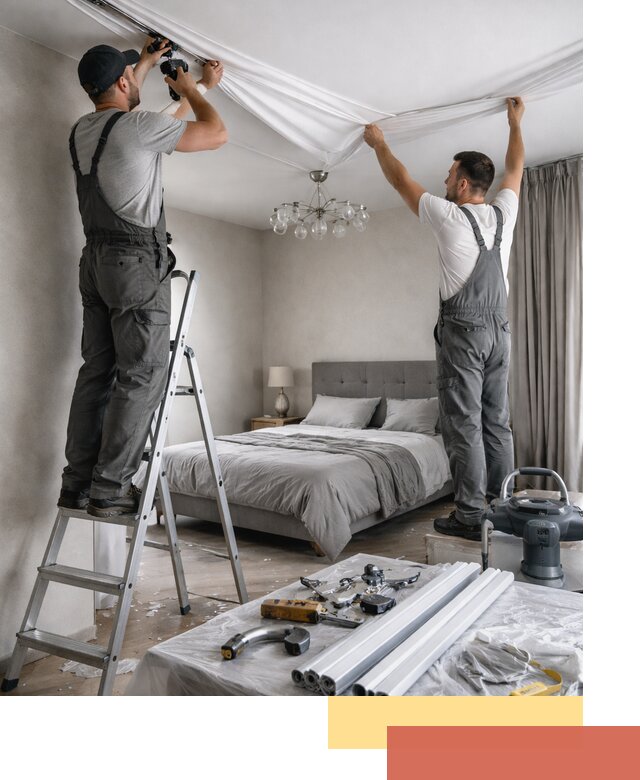 Монтаж натяжного потолка в спальне в Сатке