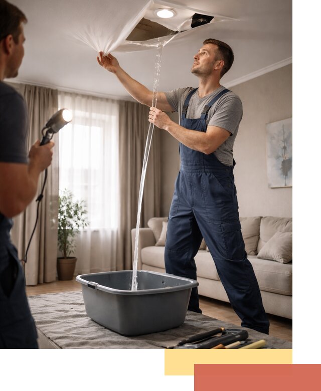 Слив воды с натяжного потолка в Сатке быстро и аккуратно