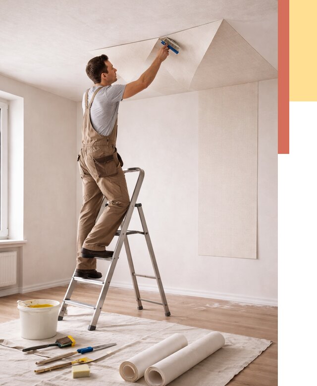 Поклейка обоев на потолок в Сатке от 4655 руб. быстро и недорого | ОТДЕЛОЧНИК-Стк